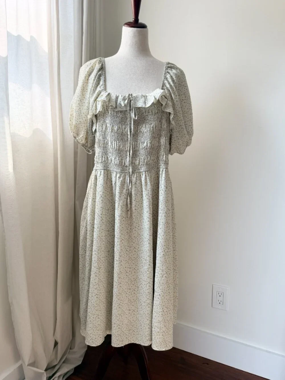 Ivy City Co Floral Smocked Midi Dress 2X Cream Puff Sleeve Ruffle Cottagecore